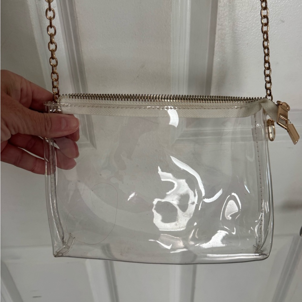 Clear PVC Crossbody Bag with Gold Chain and Cream Trim
